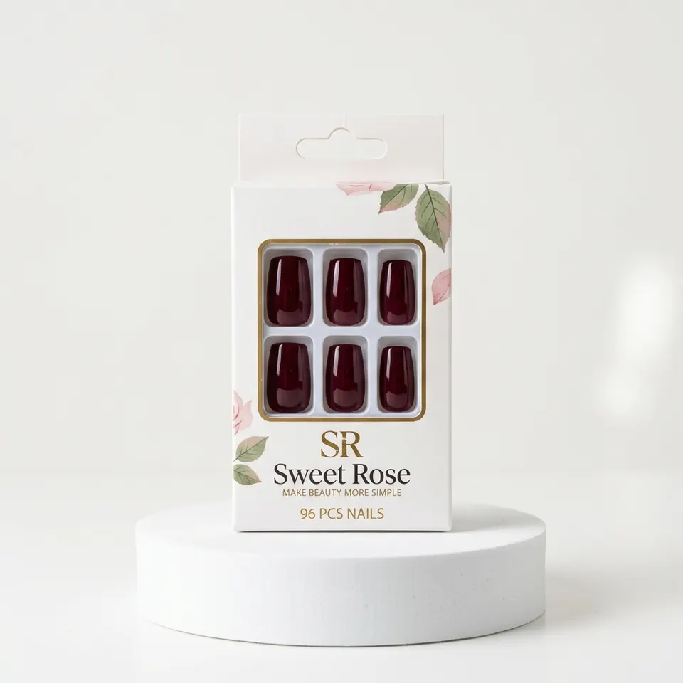 Sweet Rose Press-on Nails Burgundy Square Tip, 96 Pcs
